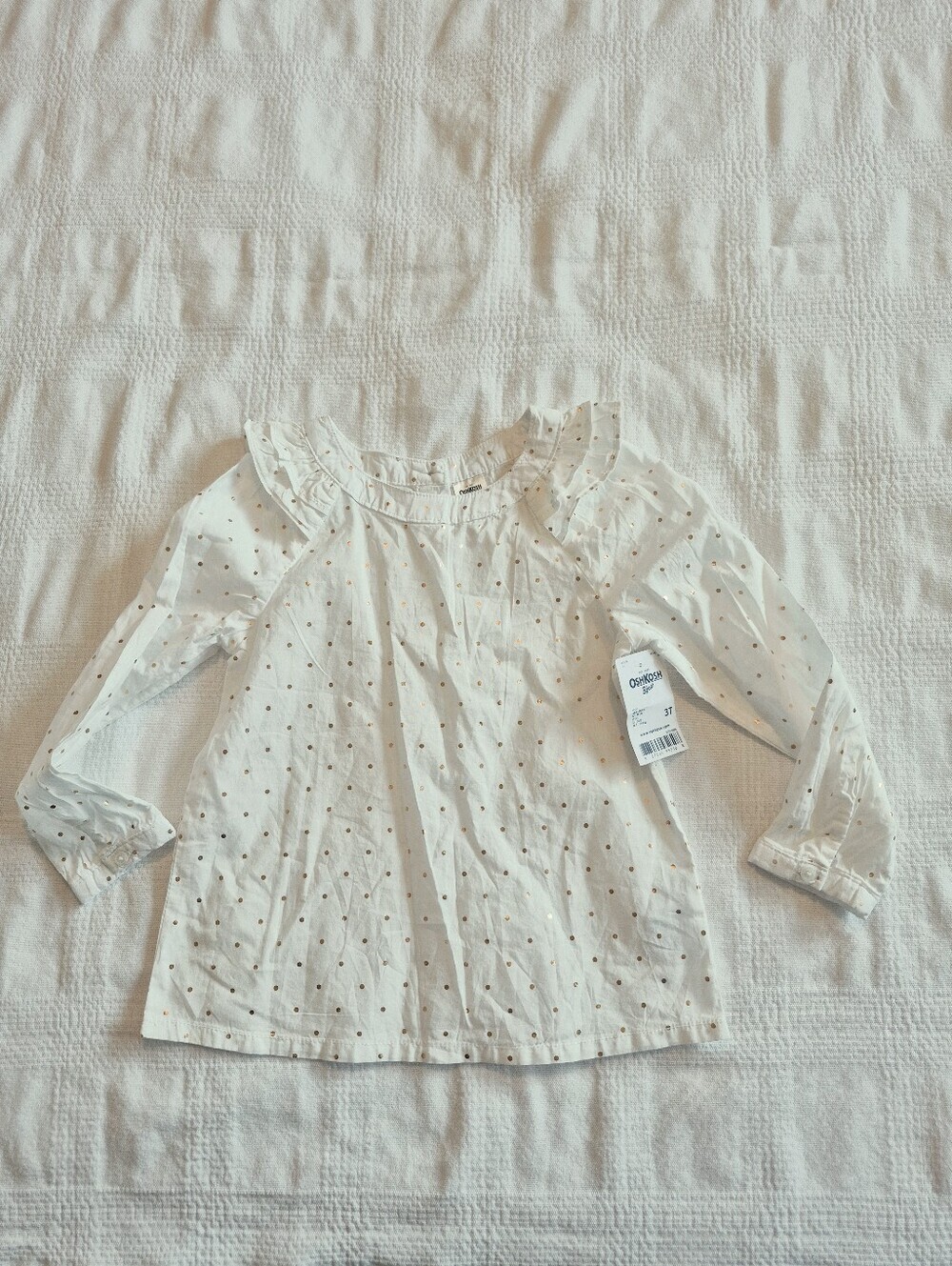 Oshkosh girls 3T blouse, long sleeve white with gold polka dots, NEW
